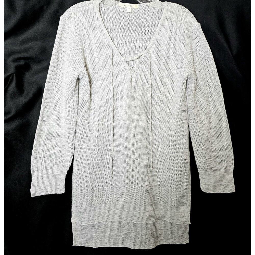 Miami Handcrafted Womens Sweater Tie Vneck HiLow Slit Sweater Gray Sz M USA Made